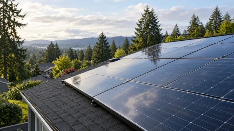 Illustration of rooftop solar panels on a Pacific Northwest home