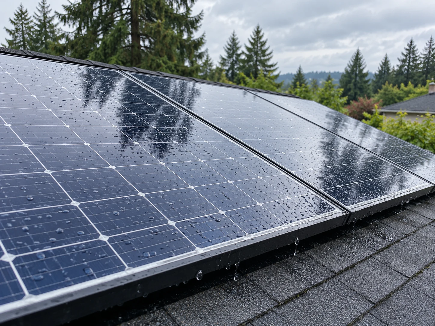 Illustration of rinsed solar panel glass with water droplets and reflections of trees